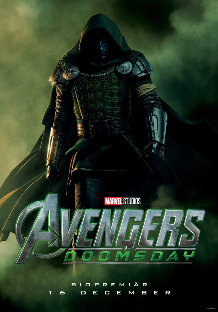 Hooded armored figure in green mist, part of an Avengers poster with Marvel Studios branding and a December release date.