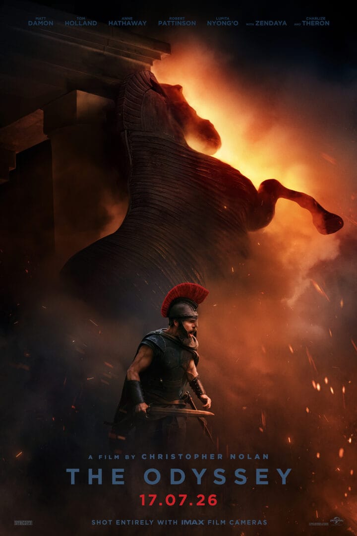 Poster for The Odyssey: a helmeted Spartan warrior before a blazing horse statue and smoke, release date 17.07.26.