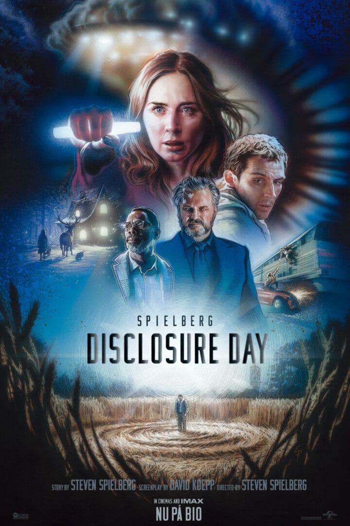 Poster for Disclosure Day: woman in center holding a glowing baton, with several men around, a train, and a spiral desert scene below.