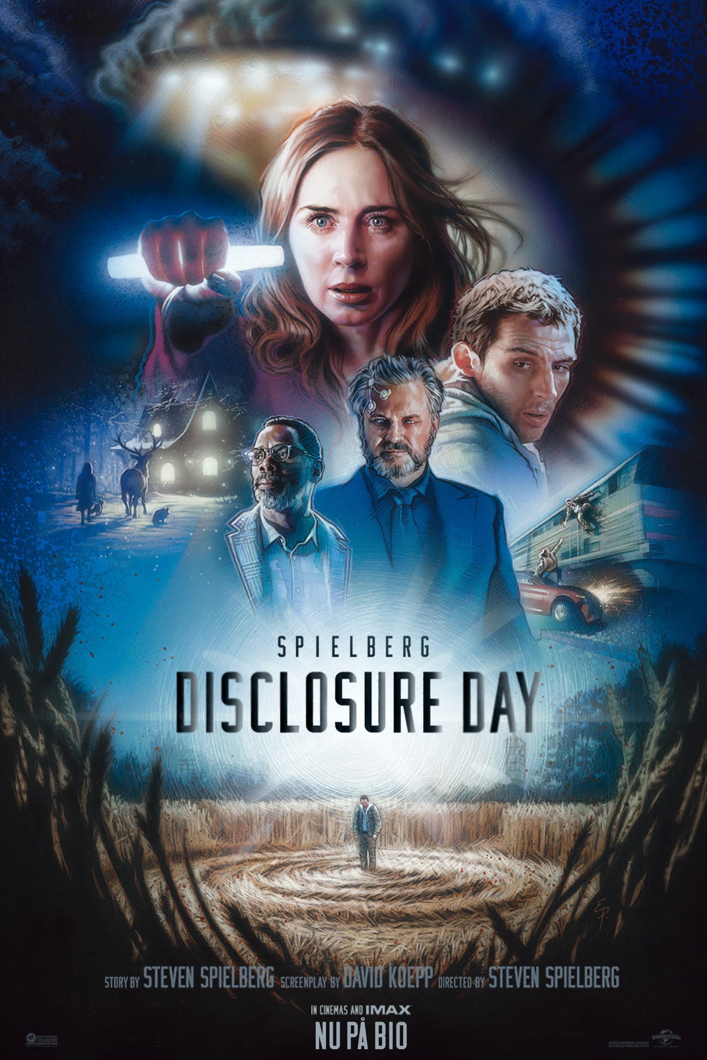 Poster for Disclosure Day: woman in center holding a glowing baton, with several men around, a train, and a spiral desert scene below.