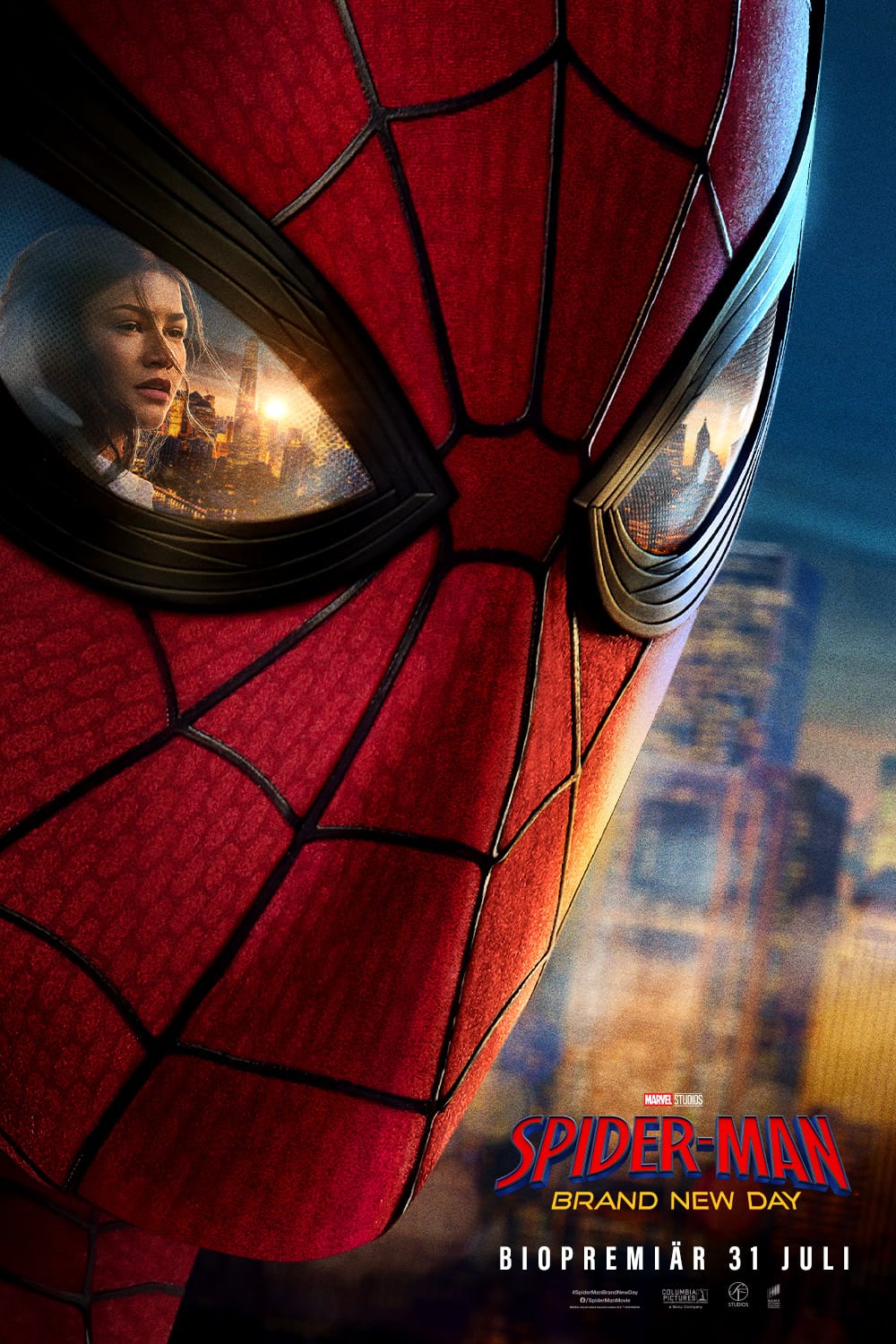 Close-up of Spider-Man's red mask with city reflections in the eyes; poster for Spider-Man: Brand New Day