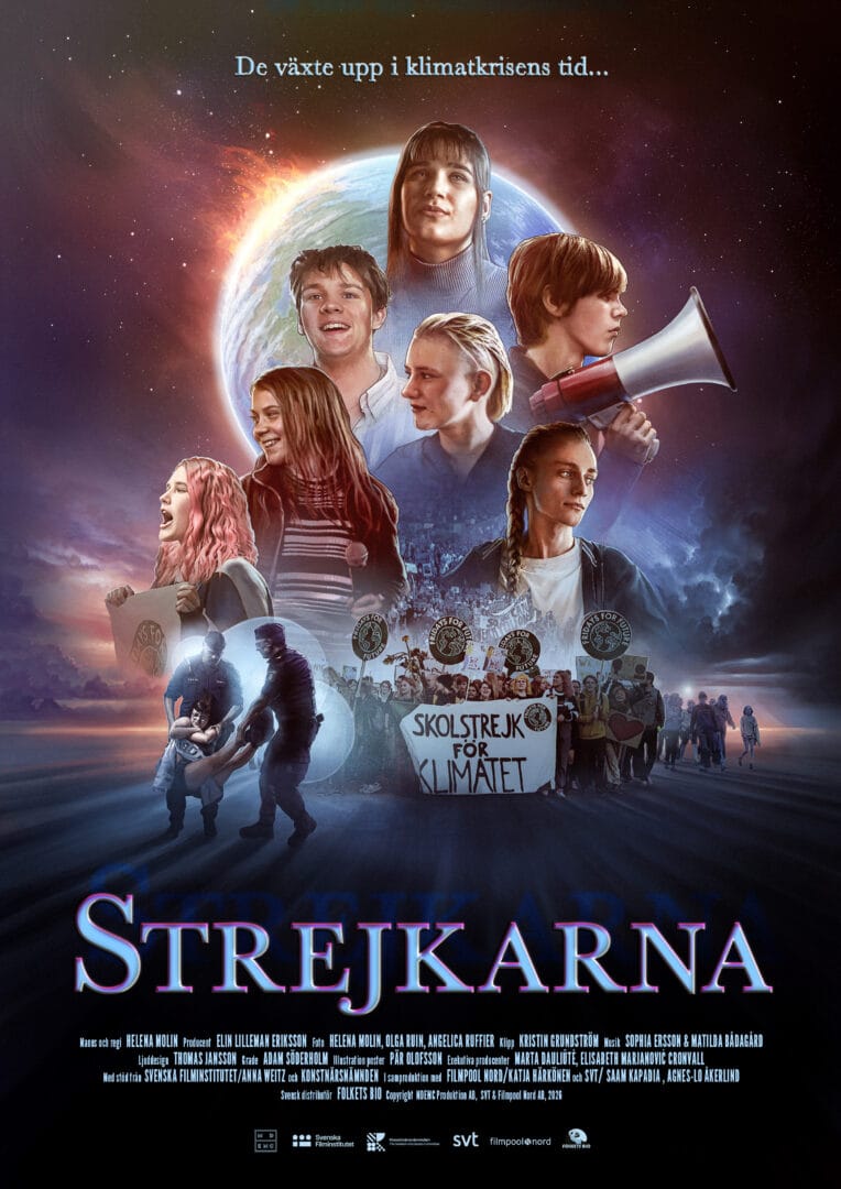 Poster for a climate protest film showing diverse teens around a glowing Earth with banners reading 'SKOLSTREJK FÖR KLIMATET' at a crowd below, set against a space background.