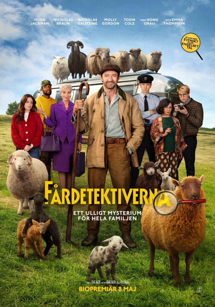Group of diverse adults and children posing in front of a silver bus with sheep on its roof in a sunny field; colorful mystery/adventure poster.