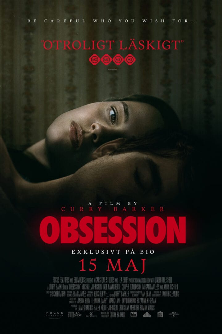 Movie poster for a thriller titled Obsession, featuring a close-up of a woman's face lying down with a dark, moody background and a bold red ‘OBSESSION’ title across the bottom.