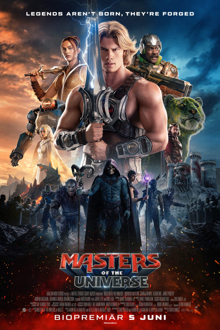 Movie poster for Masters of the Universe: He-Man in armor with sword center, surrounded by allies and villains against a fiery, split sky.