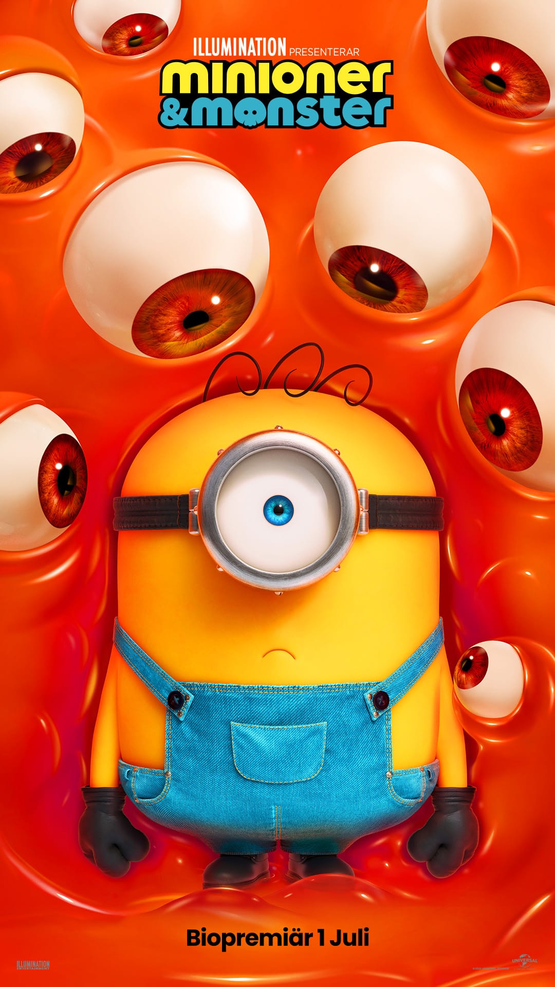 Minion in blue overalls amid orange slime and floating eyeballs; movie poster for Minion & Monster.