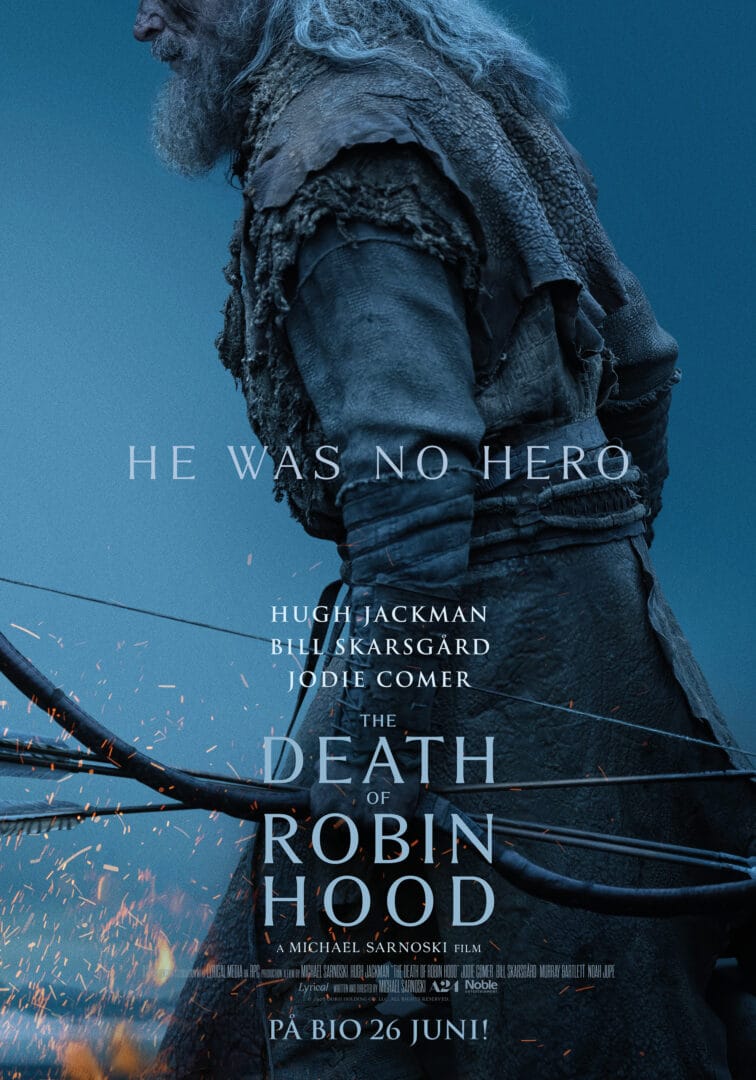 Movie poster for The Death of Robin Hood showing a rugged man in torn clothing against a blue background, with a bow and sparks. The title appears across the center.