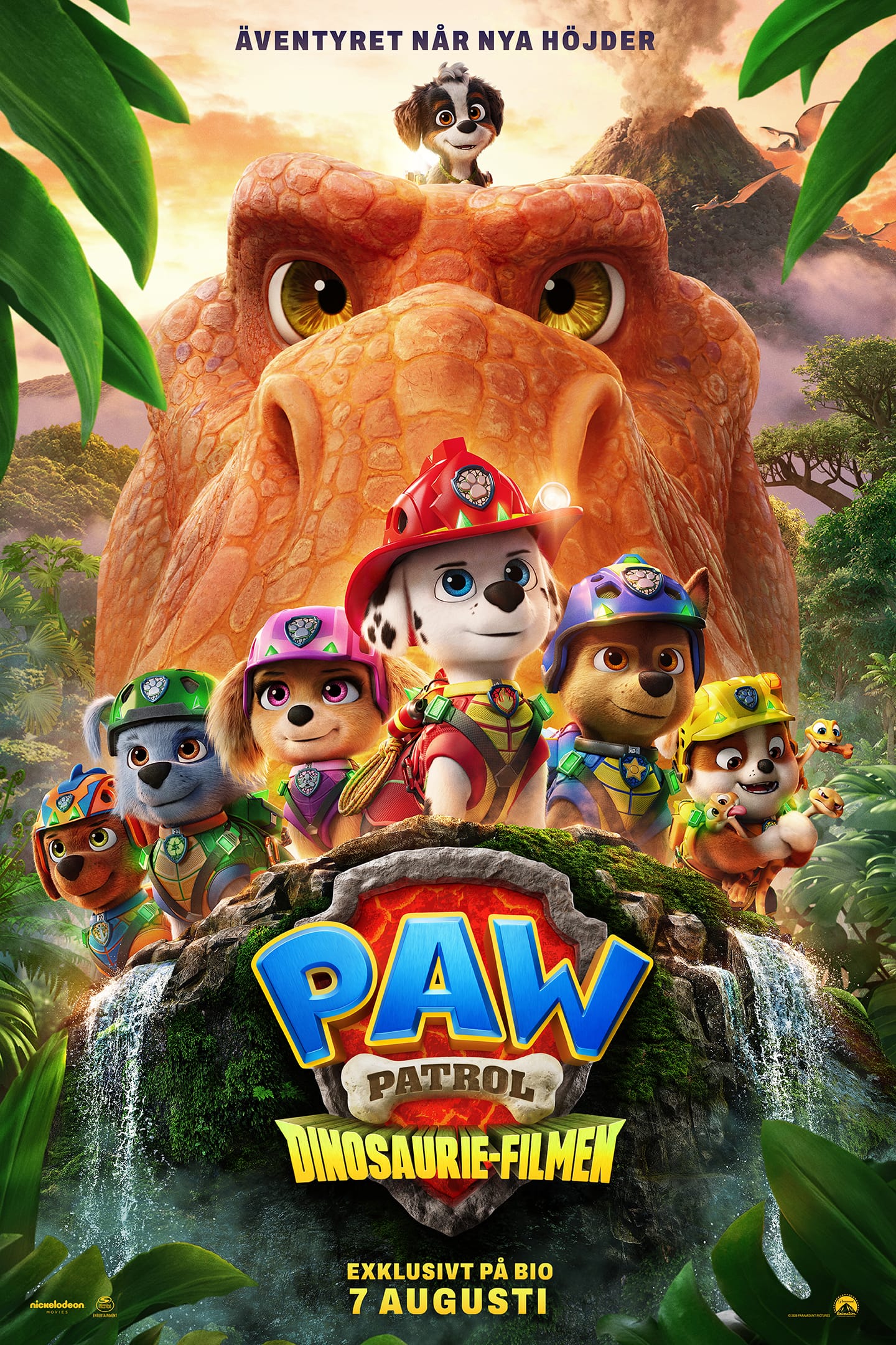 PAW Patrol: Dino Rescue movie poster featuring heroic pups in colorful helmets before a giant orange dinosaur head.