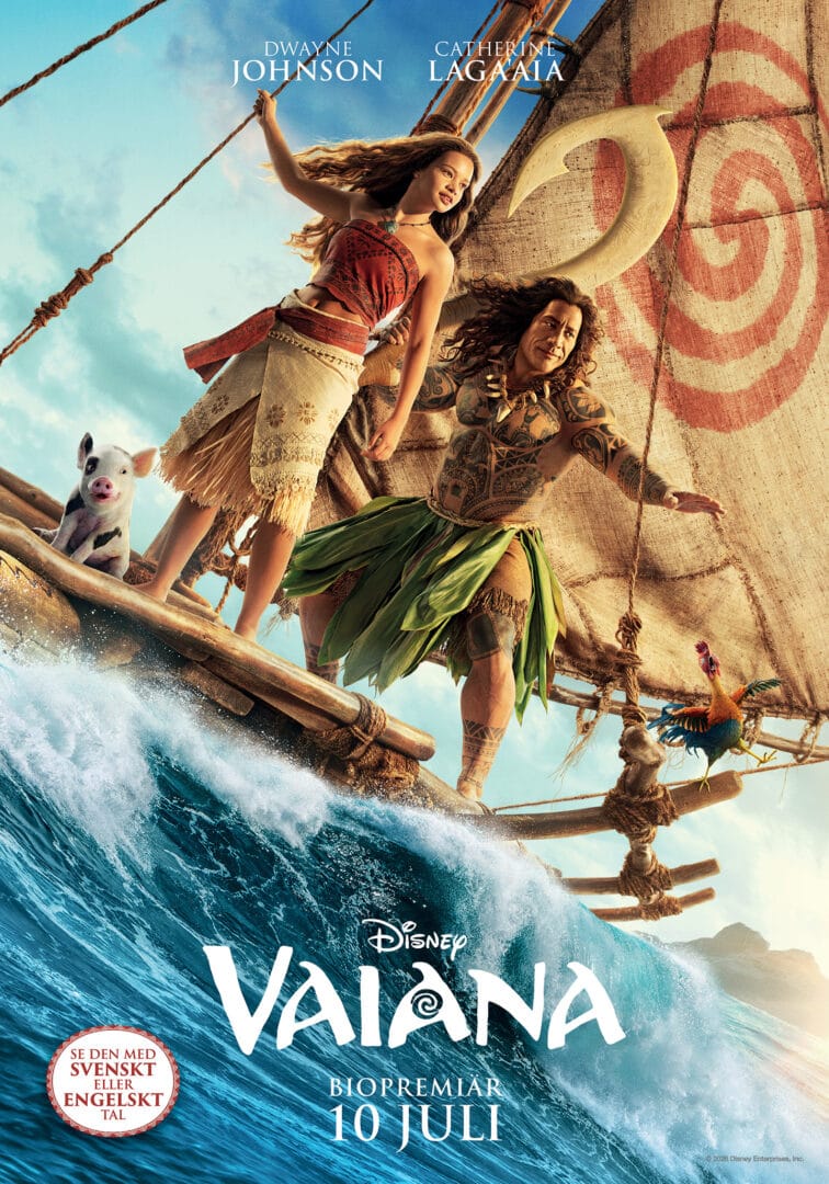 Moana and Maui stand on a raft with a tall sail, riding a giant wave on a Disney Moana poster with Pua the pig nearby.