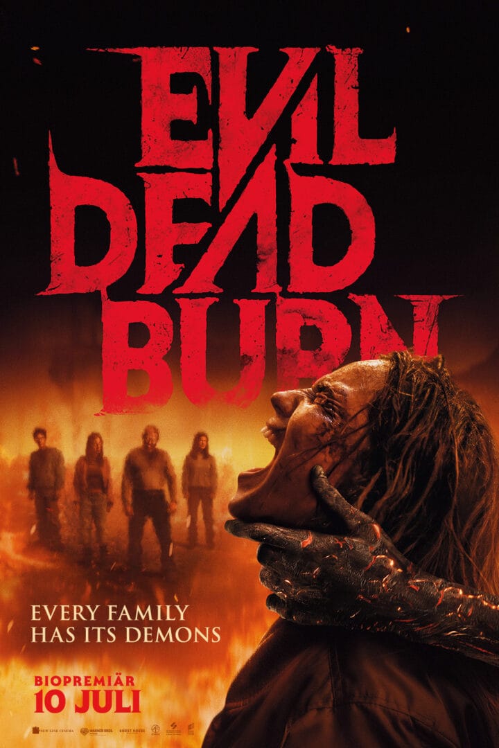 Poster for Evil Dead Rise: a screaming woman gripped by a dark, monstrous hand amid fiery flames and shadowy figures in the background.