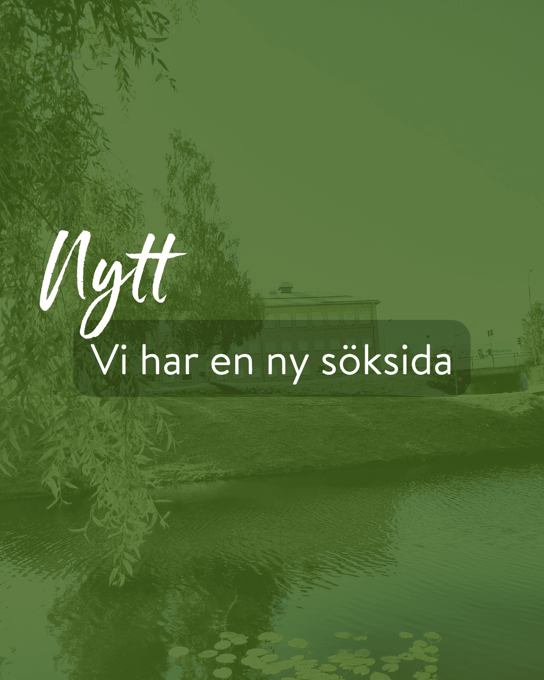 Green-tinted hero banner announcing a new search page, with Swedish text 'Nytt' and 'Vi har en ny söksida'.