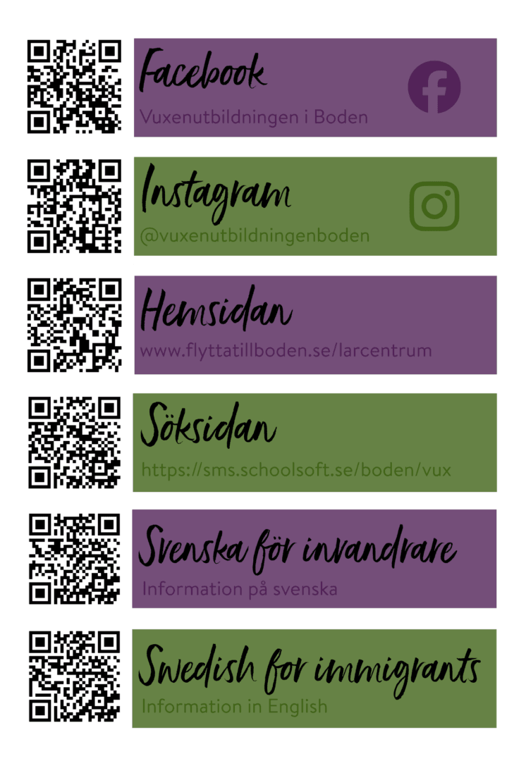 Column of QR codes with colored banners showing social links: Facebook, Instagram, and a website for Vuxenutbildningen i Boden (informational page).
