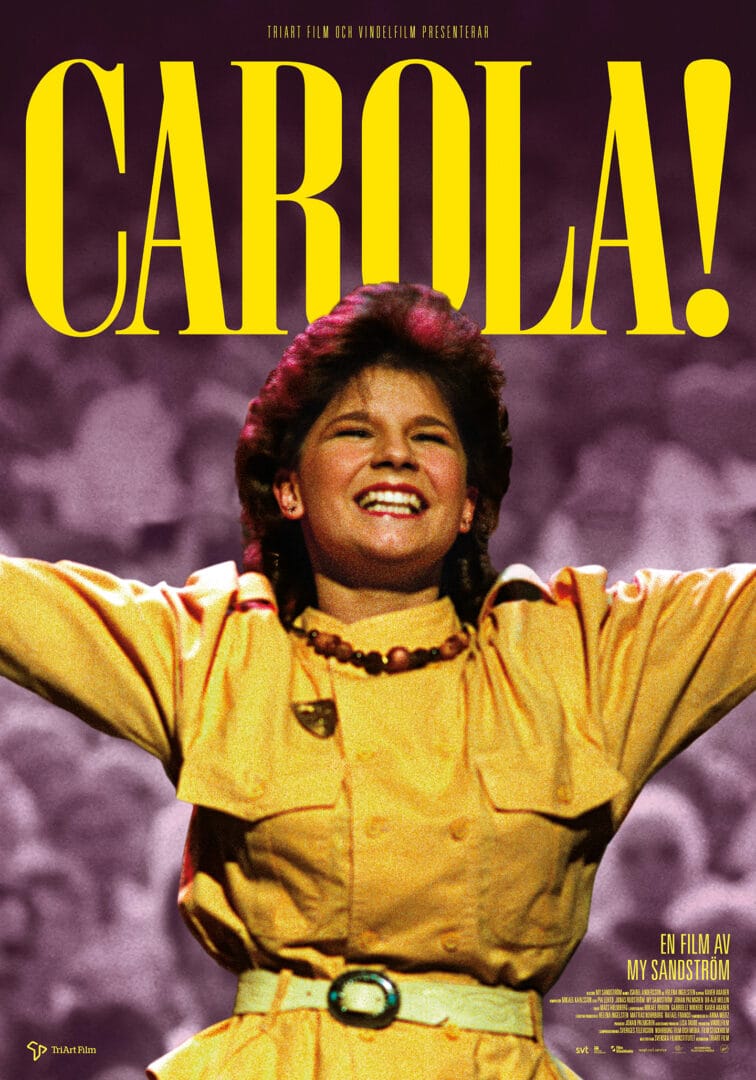 Poster for the film Gabriela!: a smiling woman in a yellow dress with arms raised, against a purple cloudy background, bold yellow title above.