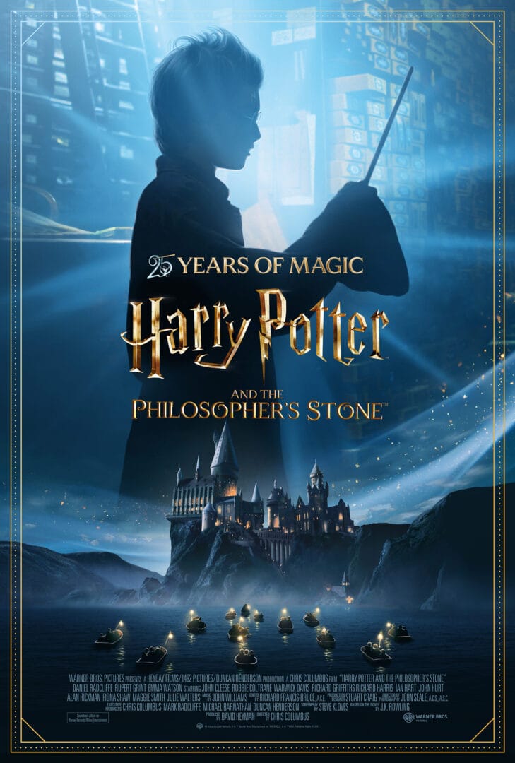 Poster for Harry Potter and the Philosopher's Stone: silhouette with wand against a blue, magical cityscape and Hogwarts at sea level; boats float in foreground.