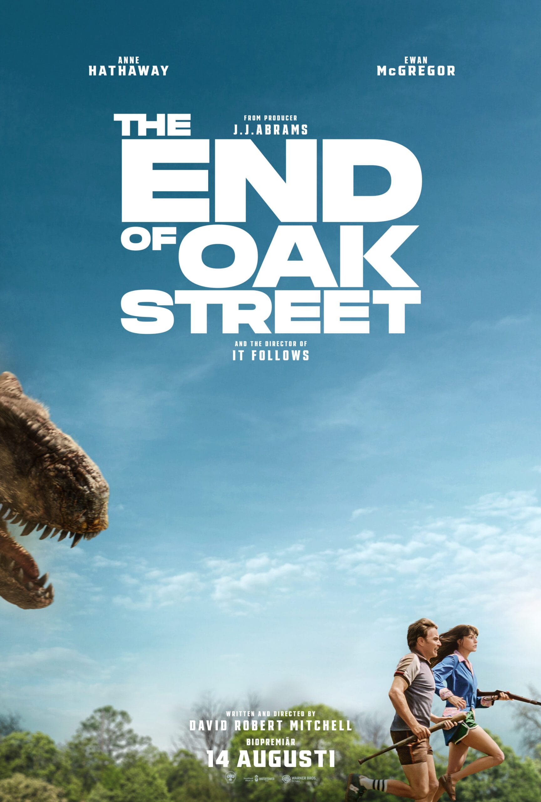 Poster for The End of Oak Street with a dinosaur on the left and two runners on the right against a blue sky.