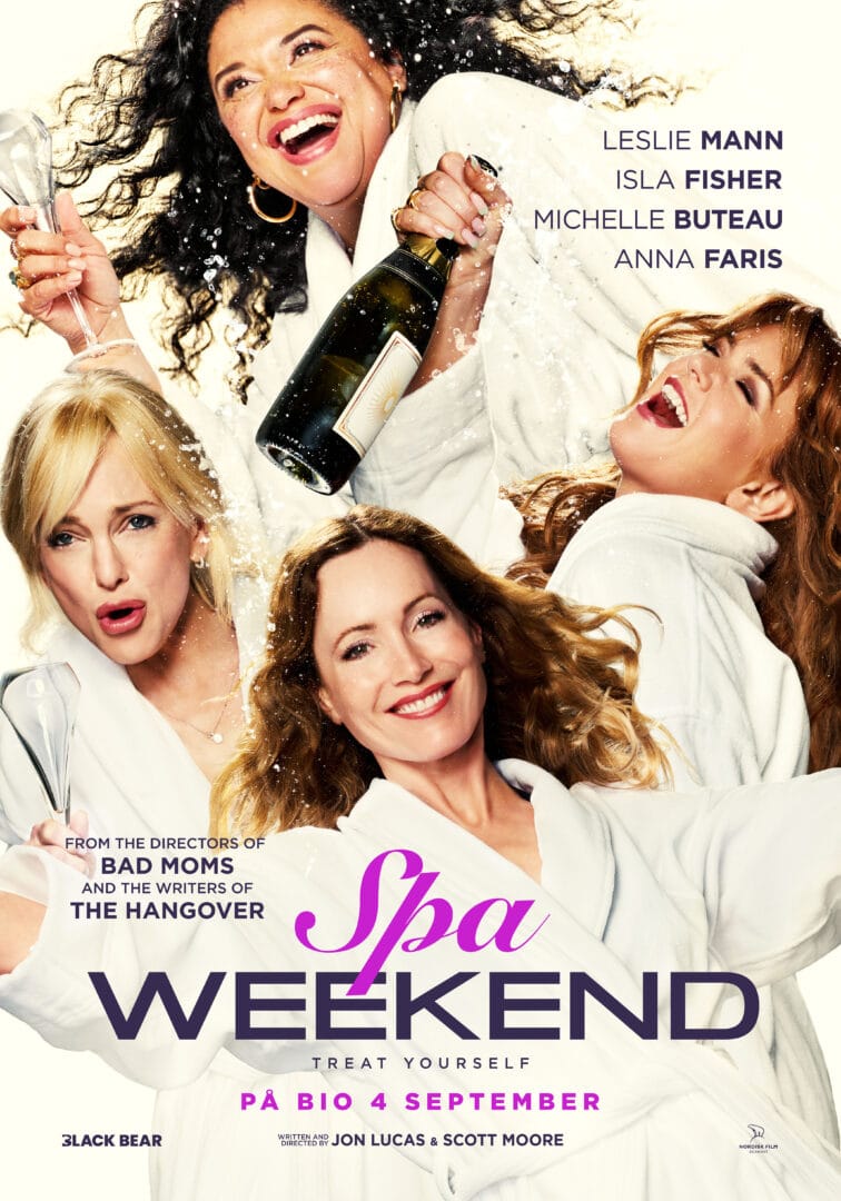 Group of women in white robes celebrate with a popping champagne bottle, joyful faces for a spa weekend poster