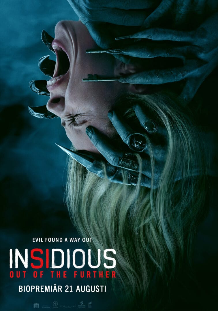 Poster for the horror film Insidious: Out of the Further, showing a blonde woman with a terrified open mouth and gloved hands with metal needles gripping her head (blue tint).
